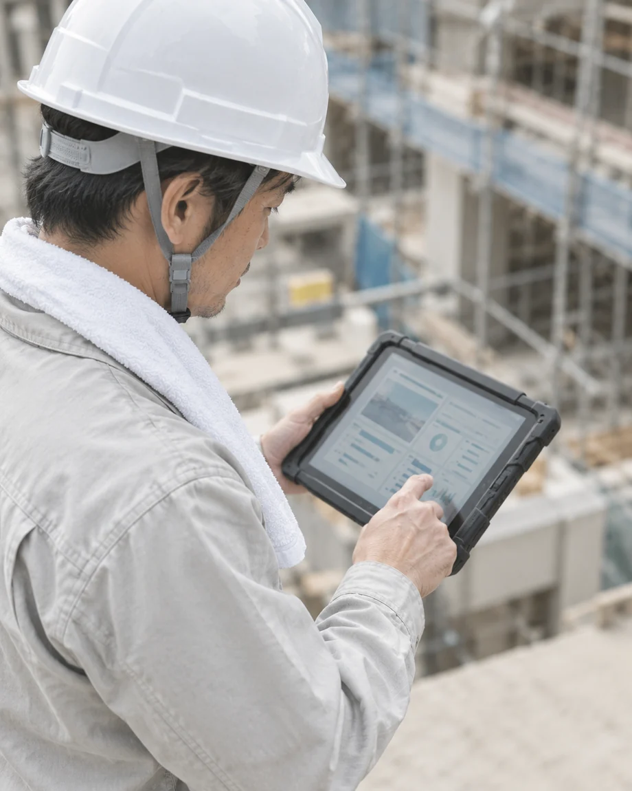建設現場でタブレットを見る職人